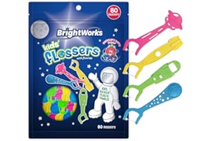 BrightWorks Kids Fun Space Flossers, Mixed Berry Flavor Fluoride [240 Floss Picks Total] Colorful Space Shapes: Astronaut, Rocketship, UFO, Earth. 100% Recycled Plastic Material. 80 Count (Pack of 3)