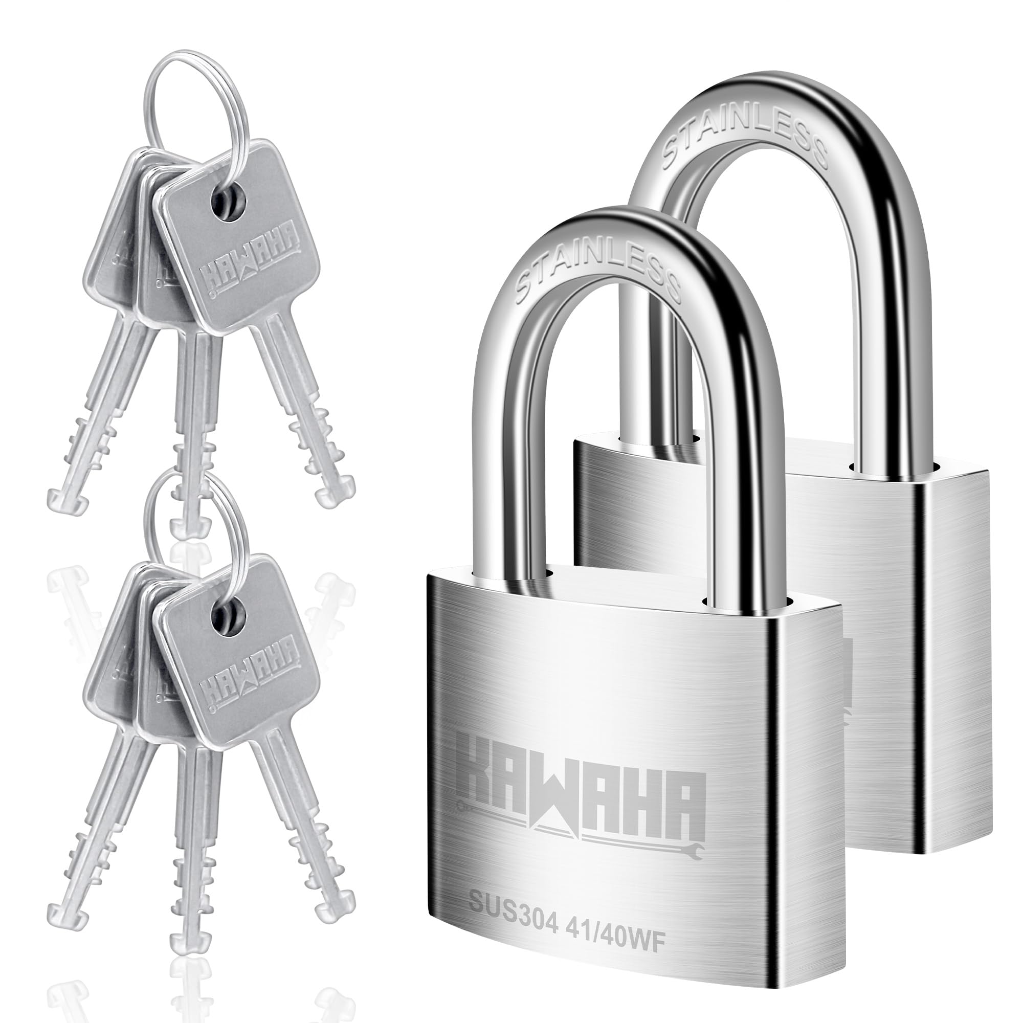 KAWAHA 41/40-2PS 1-9/16 inch (40mm) High Security Stainless Steel Padlock with Stainless Steel Key for Both Indoor and Outdoor use (Heavy Duty, Anti-Rust) (40mm, Keyed Alike - 2 Pack)