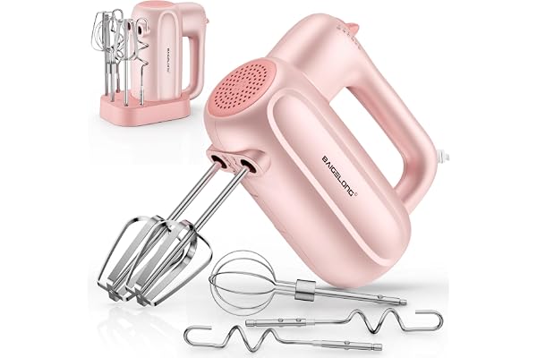 BAIGELONG Hand Electric Mixer, 5-Speed KitchenMixer with 5 * 304 Stainless Steel Attachments + Storage Base, Portable Food Ha