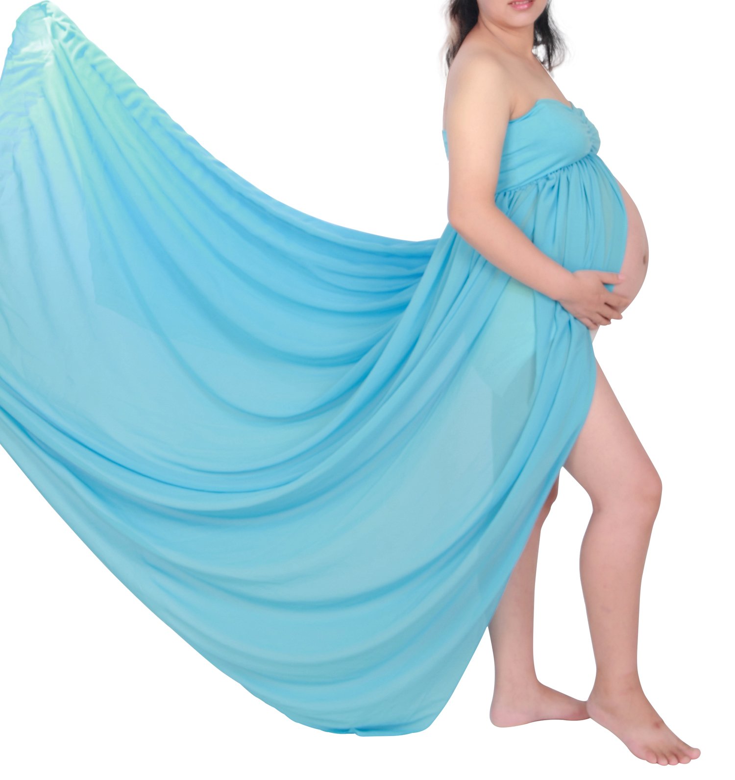 Gititlys Ruched Boob Tube Top Split Front Maxi Chiffon Maternity Photoshoot Dresses Sky Blue