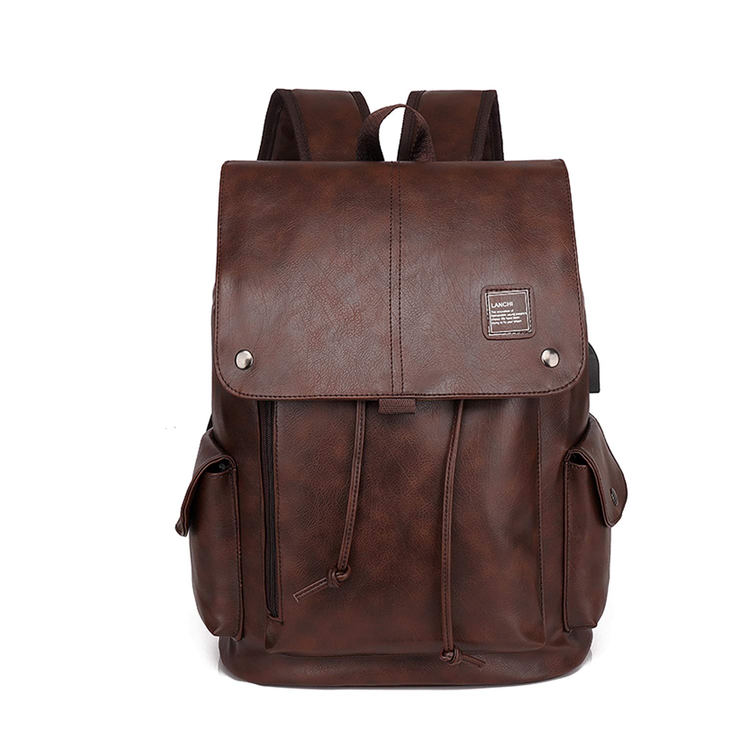 FANDARE Backpack Waterproof PU Daypack with USB for 15.6 inch Laptop Teens College Bag Men Field Pack High School Bag Knapsack Outdoor Travel Camping Hiking Rucksack Infantry Pack Dark Brown