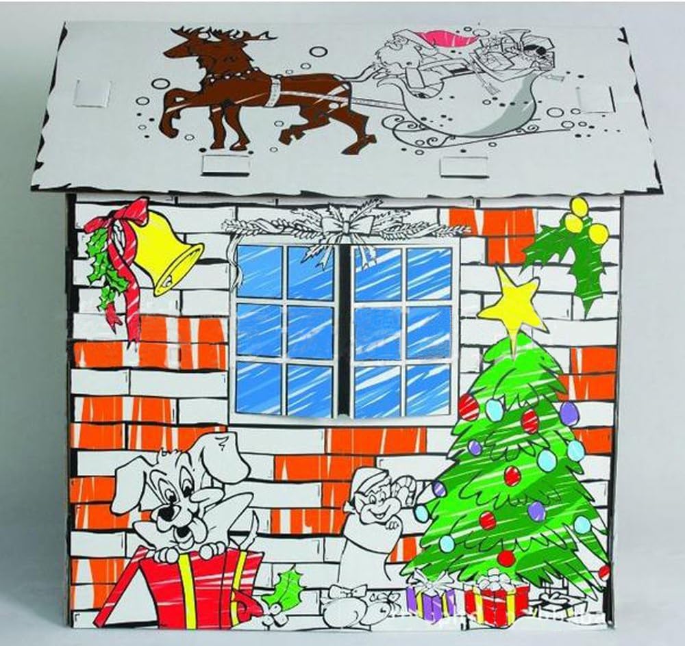 LITTLEFUN Kid's Foldable Cardboard Playhouse Kit Premium Paper Corrugated DIY Painting Imagination Training Toy Play House Child (Christmas Cottage)