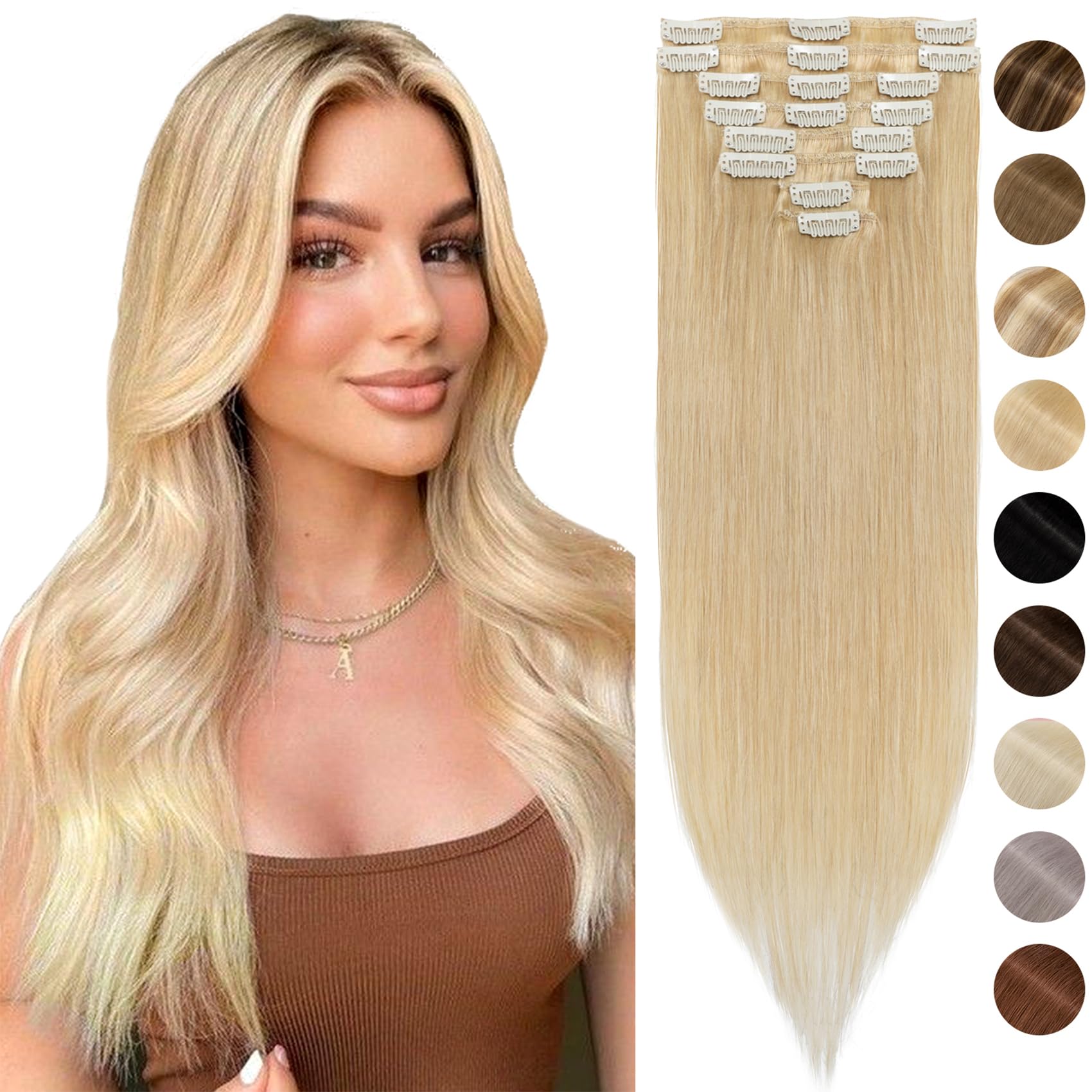 Silk-co 22inch Remy Straight Hair Extension Hair Extensions Clip in #24 Natural Blonde Real Human Hair Extensions Basic Thickness-Thin Weft-75g