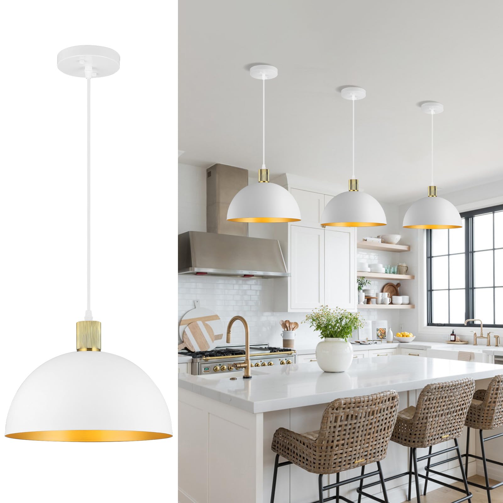 Photo 1 of Karjearl White Gold Pendant Lights Kitchen Island, 11.8" Modern Dome Pendant Light Fixtures Farmhouse Hanging Lights for Dining Room Hallway Sink Entryway