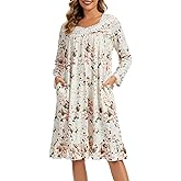 Lerliacr Women's Long Sleeve Floral Nightgown Cotton Soft Sleep Dress with Lace Trim and Pockets
