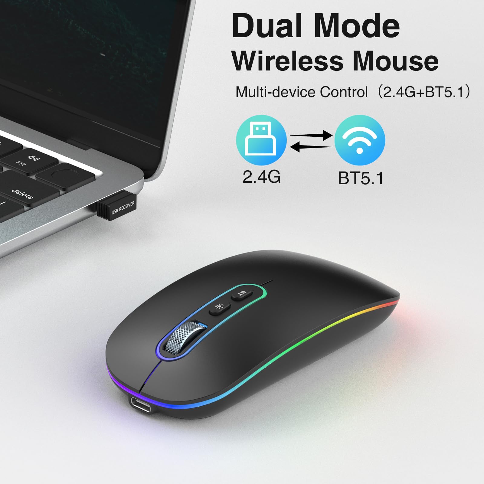 cimetech Bluetooth Maus kabellos (Bluetooth 5.1 + USB 2,4 GHz) LED Dual Mode- Wiederaufladbare Optische Office Funkmaus für Laptop MacBook Air Pro,iPad,Computer,Desktop, Mouse 2