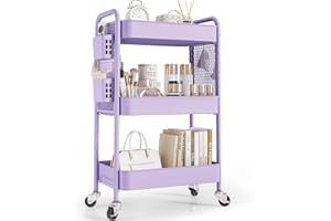 TOOLF 3 Tier Rolling Cart Storage Organizer, Metal Rolling Utility Cart with Wheels, Hooks & Bins Esthetician Craft Art Sturdy Storage with Pegboard for Bathroom, Kitchen, Office, Nursery Diaper