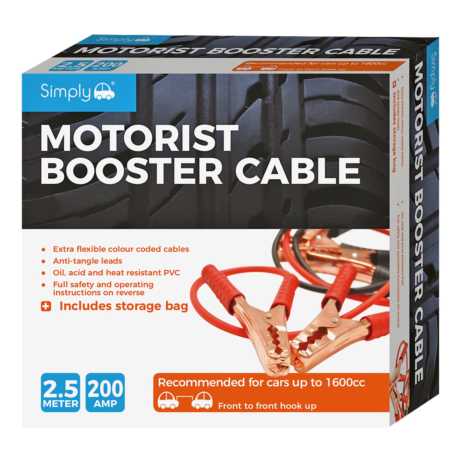 Simply SM200B Boxed Motorist Jump Leads Booster Cable 200AMP 2.5M Long Anti-tangle leads Oil acid and heat resistant PVC Fully Insulated Metal Clips and Operating Instructions