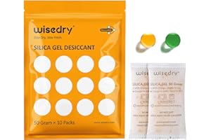 wisedry 50 Gram [10 Packs] Silica Gel Packets Microwave Fast Reactivate Desiccan Packs with Indicating Beads