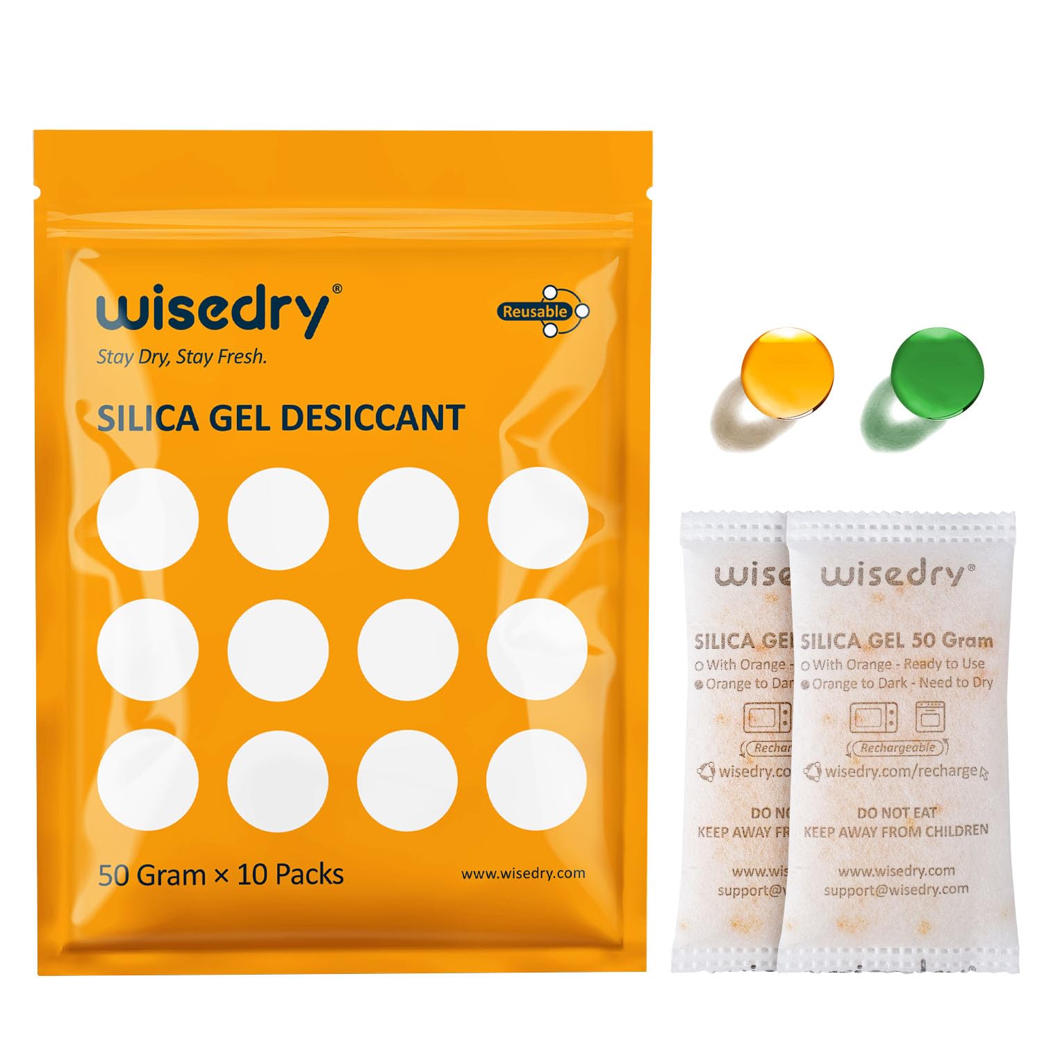 wisedry 50 Gram [10 Packs] Silica Gel Desiccant Sachets Microwave Fast Reactivate Desiccant Bags with Indicating Beads for Closet Gun Safes Bathroom Food Grade