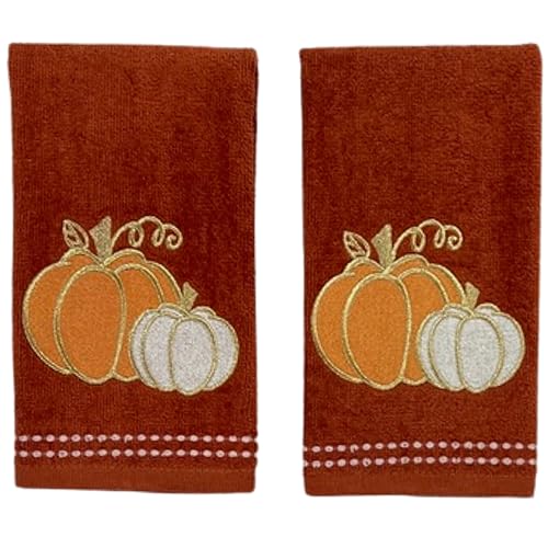Serafina Home Autumn Fall Bath Fingertip Towels Bathroom Decor Farmhouse  Harvest: Rust Dark Orange 100% Cotton Embroidered Orange White Pumpkins  with