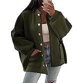 Faleave Women's Oversized Button Down Jacket Lantern Long Sleeve Coat Fall Winter Mock Neck Casual Outerwear with Pockets