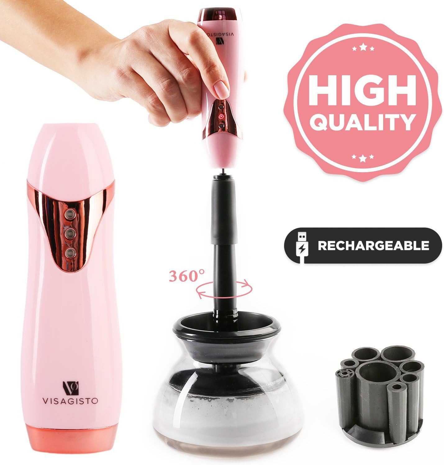 VisaGisto Electric Makeup Brush Cleaner Centrifugal Spinner Machine Kit - Quick, Easy & Effortless way to Clean Makeup Brushes - No Dirt, Bacteria or Dead Cells - No Acne - Extended Brush Life