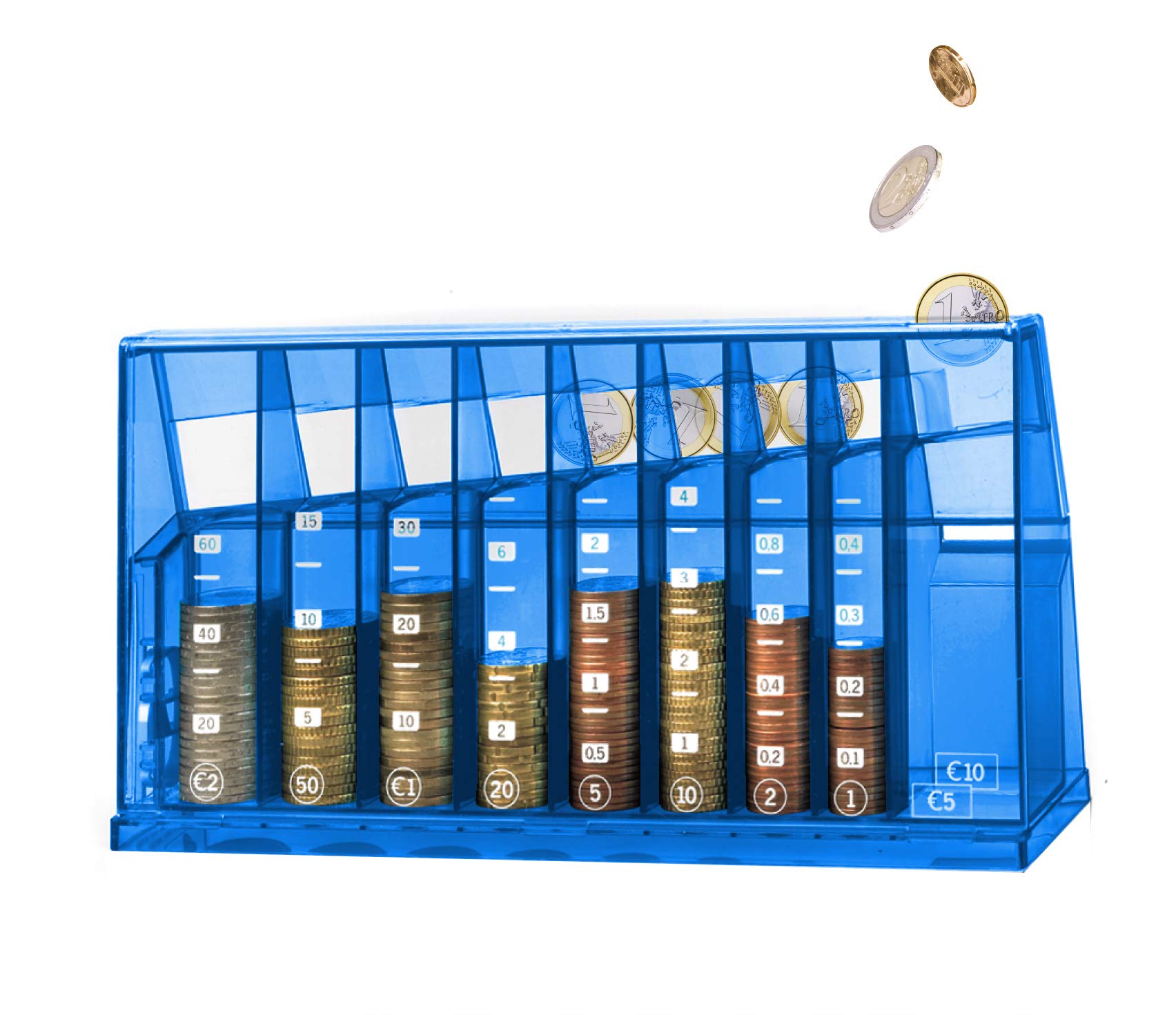 ECB Coin Sorter Euro Box for Office and Children's Rooms Available as a Gift for Adults and Children Also Made from Recycled Plastic Lockable (with Key) Transparent Colourful Blue