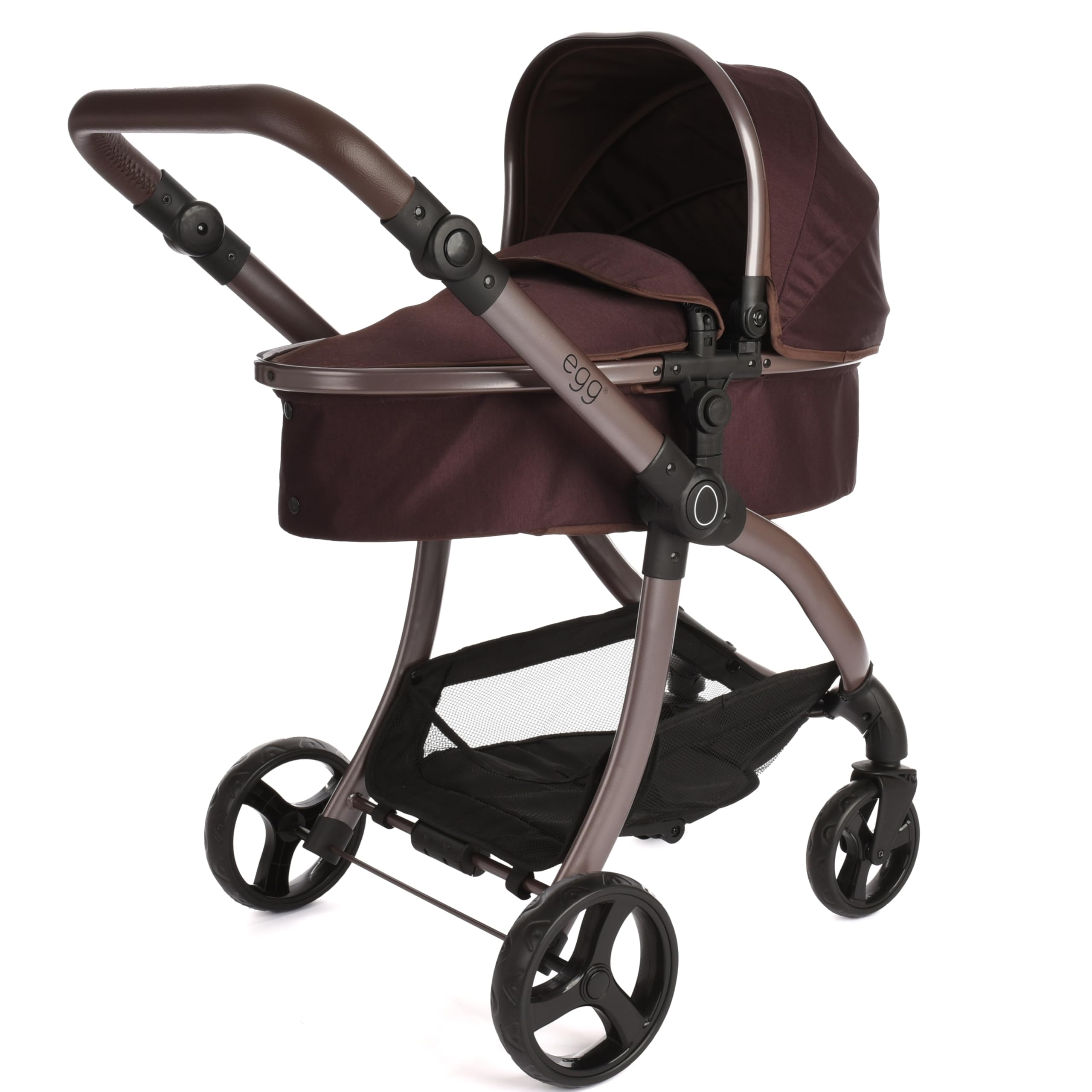 Roma Egg - Mulberry Dolls Pram and Pushchair, 2-in-1 Seat Unit/Carry Cot, Adjustable Handle 60-78cm, Lightweight, Suitable for Dolls Up to 57cm, Cocoa Leatherette, Gloss Chassis