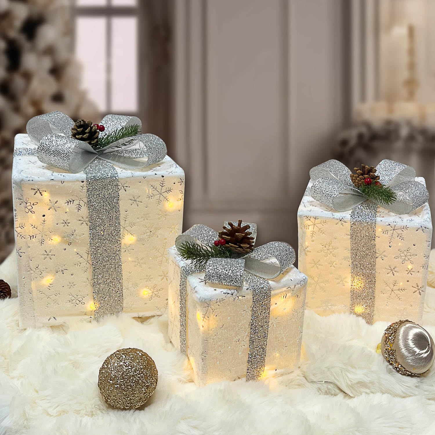 Set of 3 Christmas Lighted Gift Boxes,Christmas Light Up Decorations Outdoor Warm White Tinsel Boxes for Indoor Yard Lawn Decor