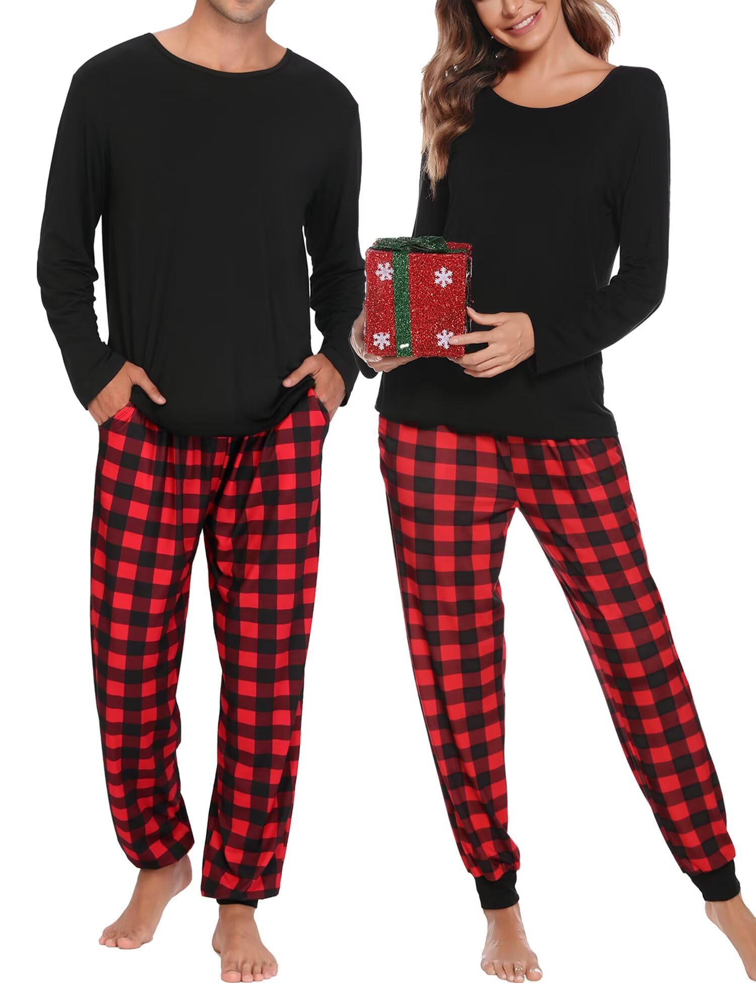 Photo 1 of *PARTIAL SET - ONLY 1 bottom*
SWOMOG Couples Pajama Sets Women & Men Long Sleeve Sleepwear Top Plaid Pants Loungewear Set with Pockets Men Z - Black - Solid Top X-Large