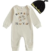 Gueuusu Baby Boy My 1st New Year Outfit Infant Romper Crewneck Long Sleeve Jumpsuit with Hat Newborn Clothes