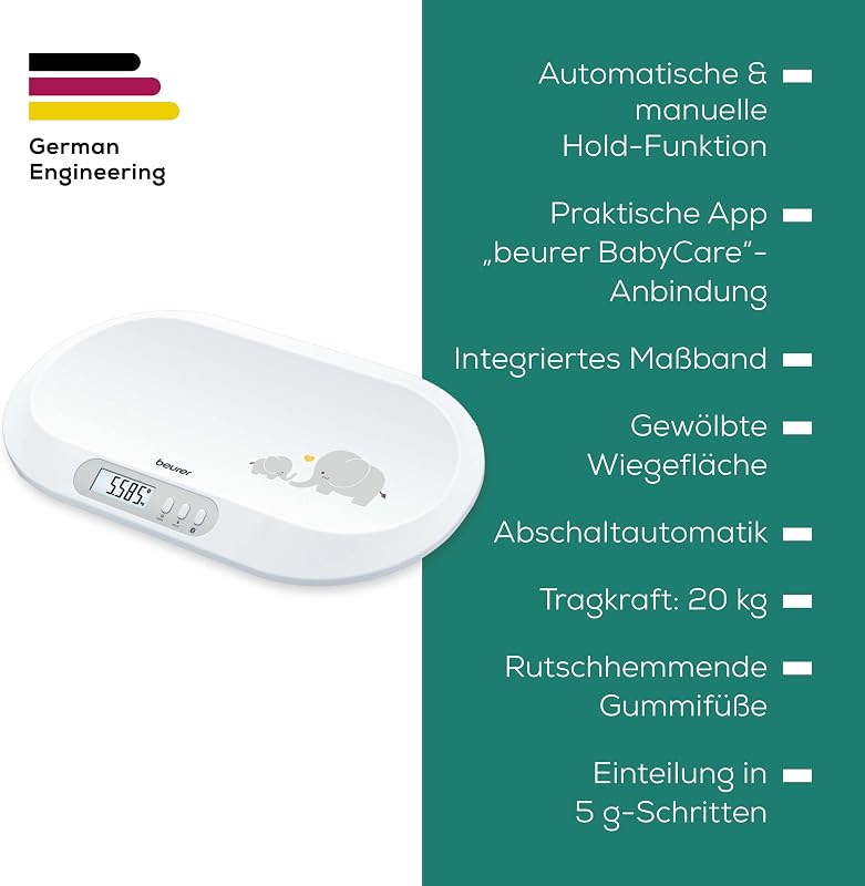 BY 90 Babywaage mit kostenloser App (iOS + Android) integriertes Maßband, 20 kg Tragkraft und Hold-Funktion für stramplende Babys