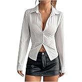 OYOANGLE Women's Striped Button Down Long Sleeve Blouse Work Office Dressy Fitted Shirt Tops