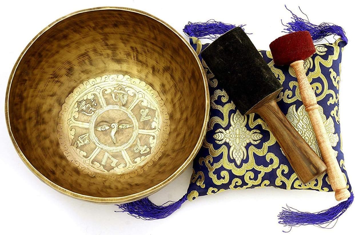 NHH10" Healing Mantra Carved Meditation Tibetan Singing Bowl, Hand Hammered Singing Bowls with Cushion & Mallet Striker