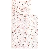 Wake In Cloud - Toddler Nap Mat with Pillow and Blanket, 100% Cotton Fabric, for Kids Girls Ages 3 Plus in Daycare Kindergarten Preschool, Roll Up Sleeping Bag, Floral Flowers