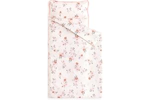 Wake In Cloud - Toddler Nap Mat with Pillow and Blanket, 100% Cotton Fabric, for Kids Girls Ages 3 Plus in Daycare Kindergarten Preschool, Roll Up Sleeping Bag, Floral Flowers