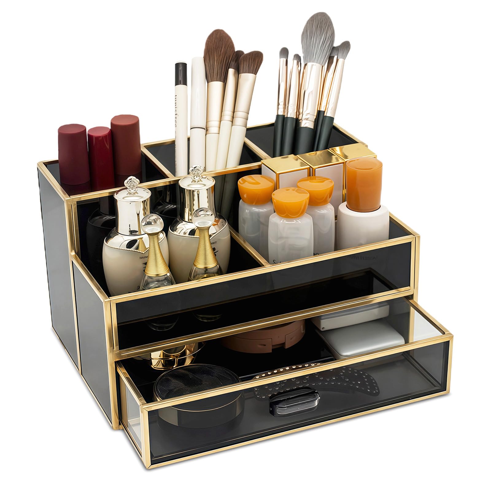 HARLIANGXY Cosmetic Organiser with Drawers, Makeup Organiser Storage Black, Makeup Brush Holder Glass, Beauty Organiser, Makeup Organiser Storage Box, Skincare Organiser for Bedroom Bathroom