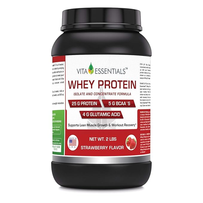 Vita Essentials Whey Protein (Isolate & Concentrate), Strawberry Flavor, 2 Pound