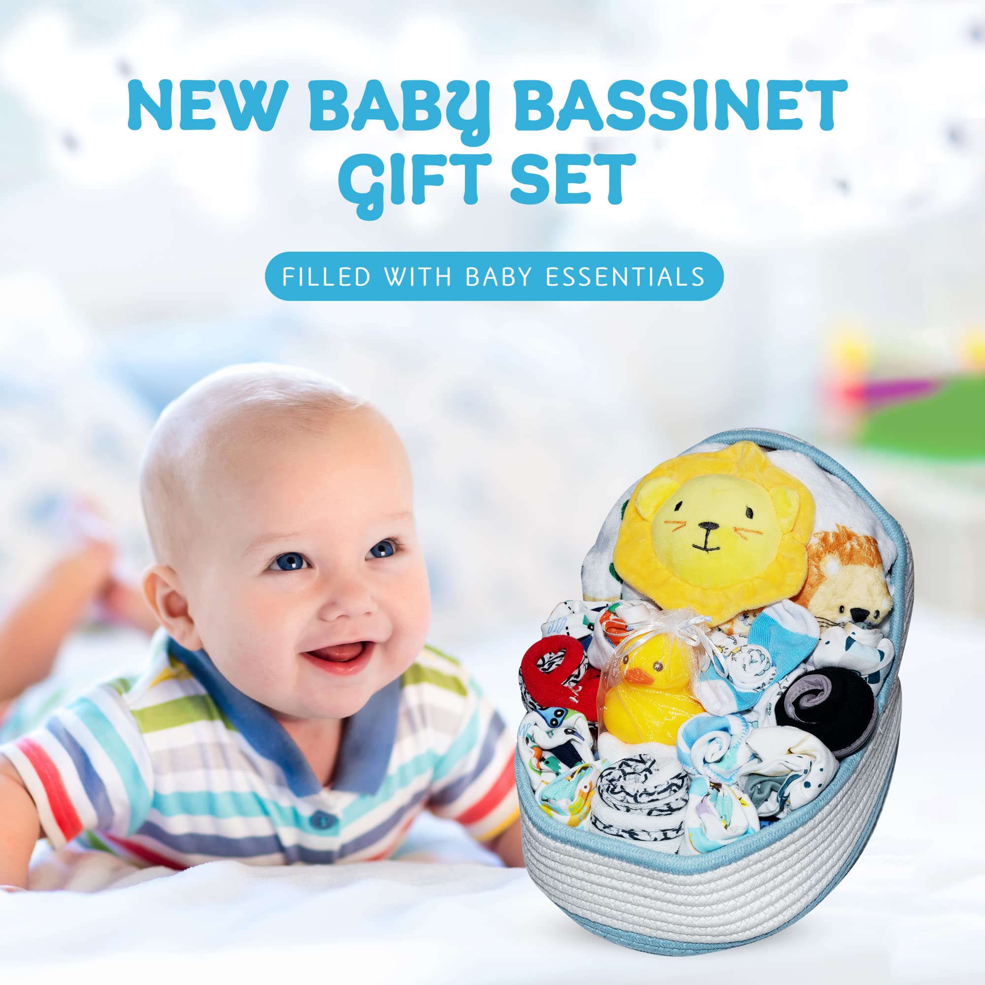Bassinet New Baby Boy Gift Set, Baby Layette Set with 17-Piece Unique New Baby Essentials for Expecting Moms and New Parents, Blue - Nikki’s Gift Baskets