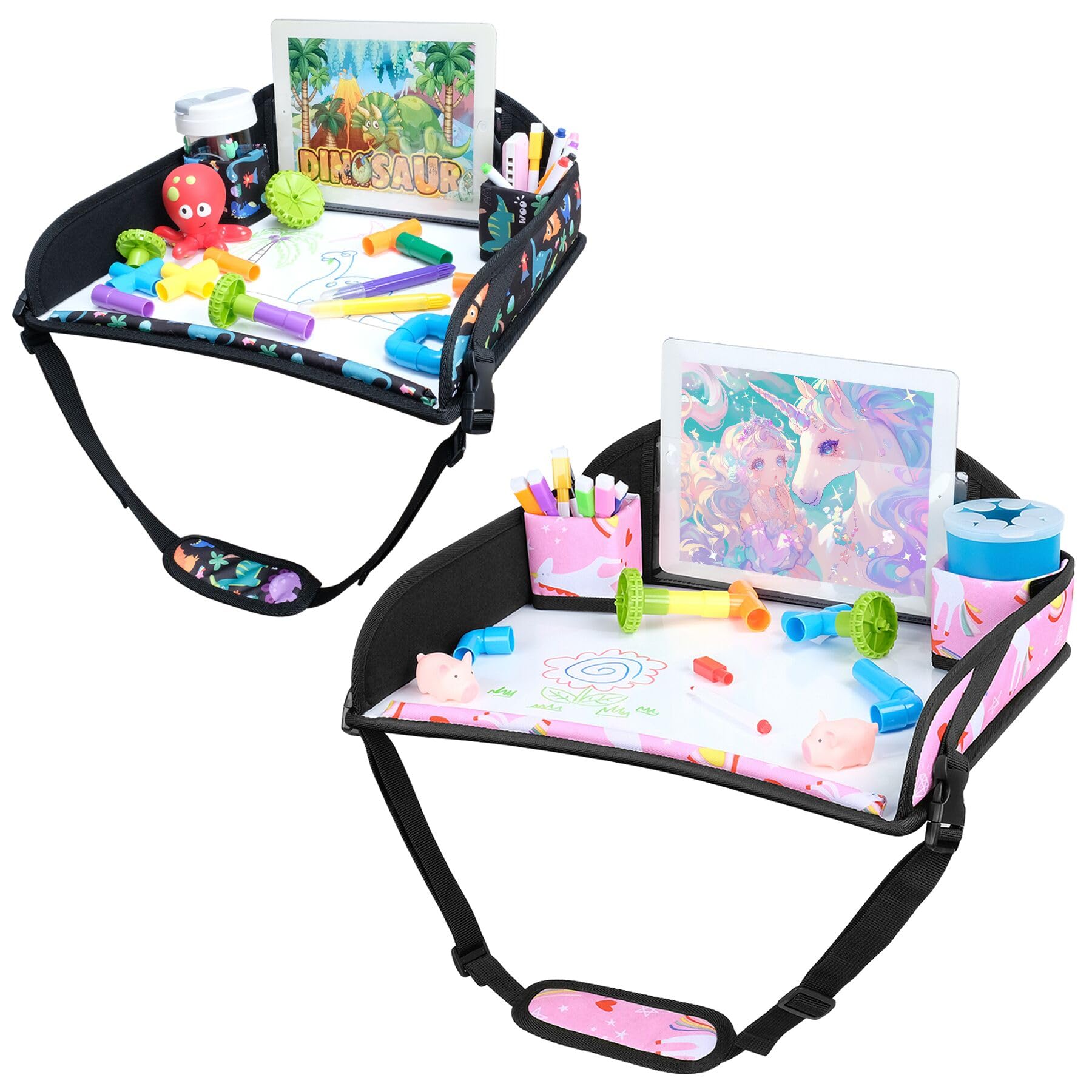 Photo 1 of COOLBEBE Kids Travel Tray for Toddler Car Seat, 2PCS Travel Tray for Airplane, Toddler Car Seat Lap Tray, Carseat Table Tray for Kids Travel Activities(Dinosaur & Pink Unicorn)