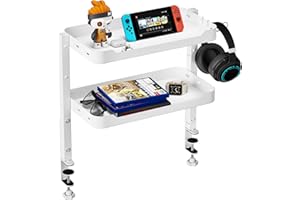 ARES WING 2-Tier Clamp On Desk Shelf, 16 inch Adjustable Above or Under Desk Storage Shelves Holds 44 lbs, Heavy Duty Desktop Organizer with Headphone Holder for Working and Gaming Accessories, White