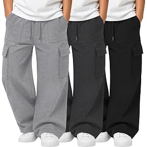 YooAurvox 3 Pack Boys Wide Leg Sweatpants | Athletic Joggers, Open Bottom, Cargo Pockets, Drawstring Waist, Loose Fit, Lightw