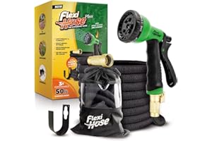 Flexi Hose PLUS with 8 Function Nozzle Expandable Garden Hose, Lightweight & No-Kink Flexible Garden Hose, 3/4 inch Solid Brass Fittings and Double Latex Core, 50 ft Black