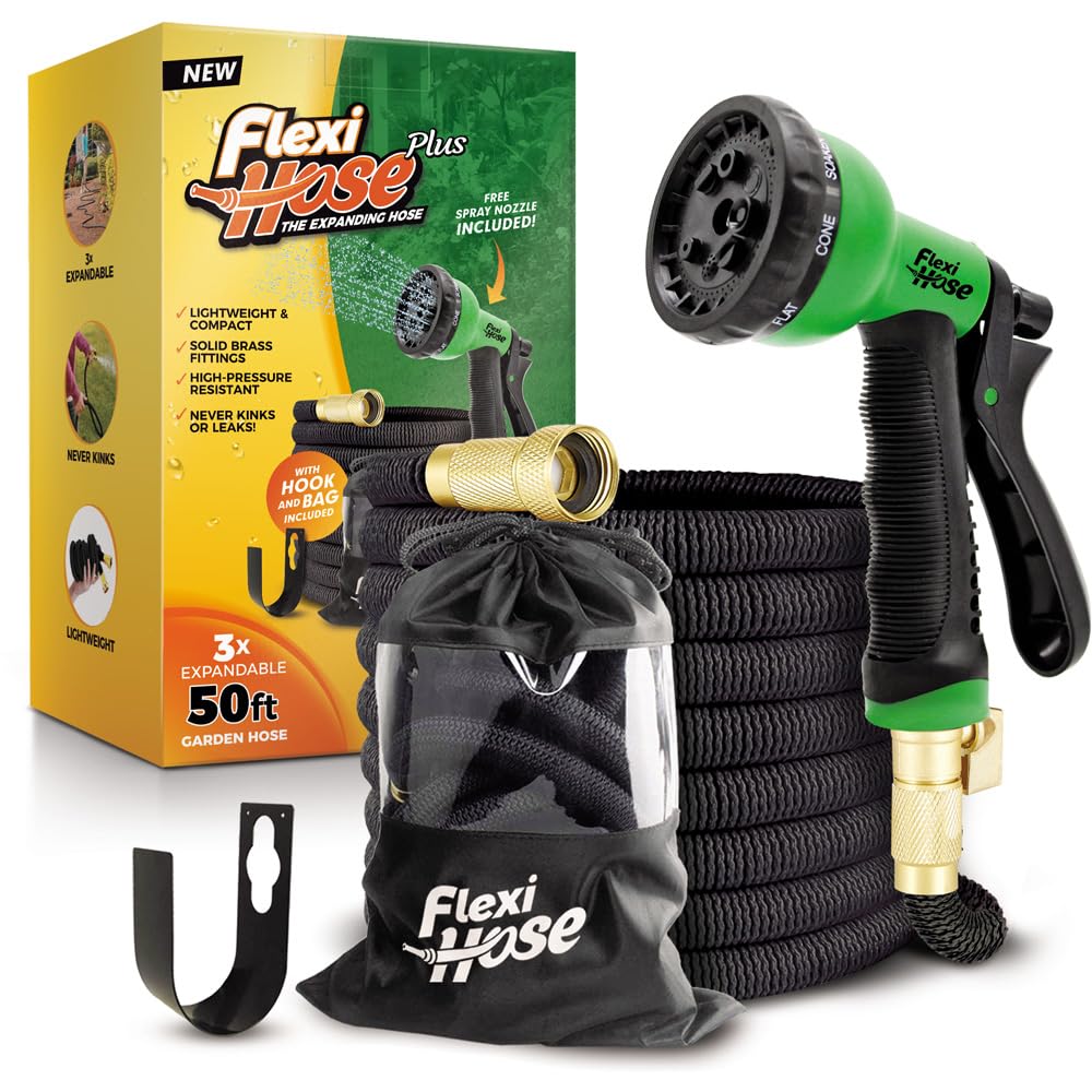 Photo 1 of Flexi Hose PLUS with 8 Function Nozzle Expandable Garden Hose, Lightweight & No-Kink Flexible Garden Hose, 3/4 inch Solid Brass Fittings and Double Latex Core, 50 ft Black