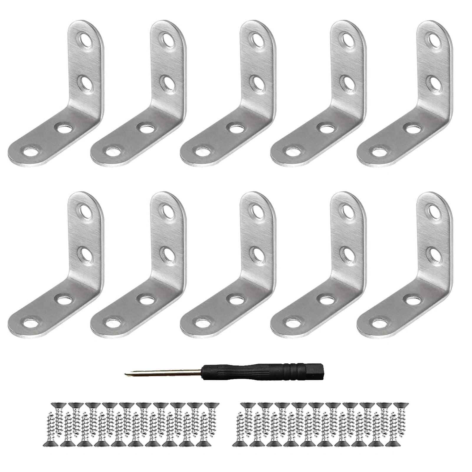 10 Pcs Stainless Steel Corner Brackets,90 Degree Corner Brace with 20 Screws and 1 Screwdriver, Metal Brackets for Wood Furniture Fixing and Repairing