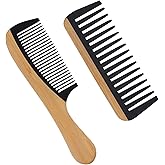 2Pcs Bamboo Wide Tooth Comb, Bamboo Fine & Wide Tooth Comb Anti-Static for Thick & Wavy Hair for Men Women Durable Eco-Friendly Natural Wood Finish, Ideal for Detangler Frizz Control