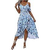 Floerns Women's Floral Ruffle Sleeve Midi Dress Asymmetrical Hem Boho A Line Dresses