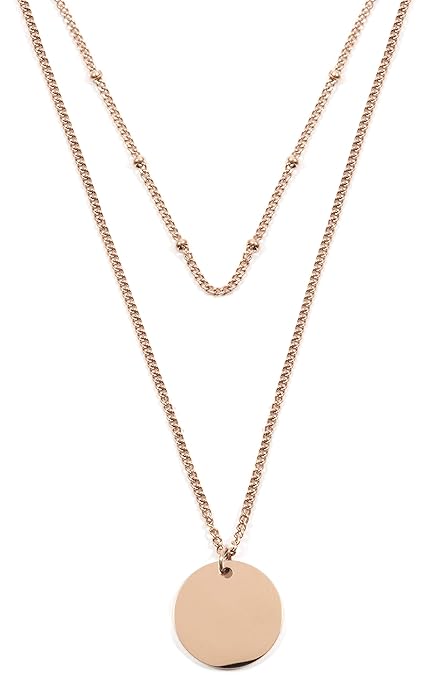 Happiness Boutique Damen Zweireihige Kette mit Kreis Anhängern in Rosegold | Mehrreihige Halskette Runde Plättchen