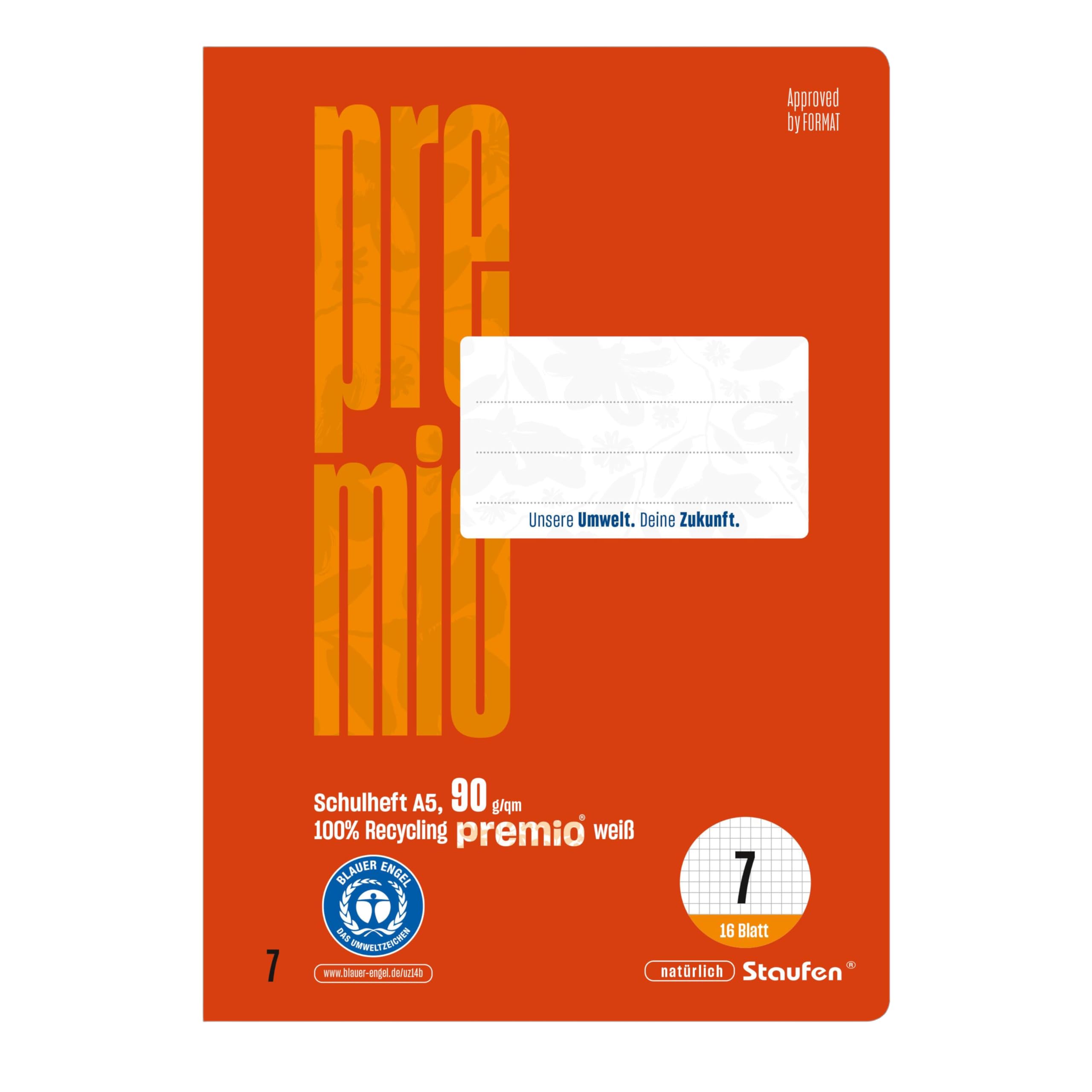 Staufen premio exercise book, 10 notebooks, 16 sheets each, DIN A5, ruling style 7 (7 mm squared), 90 g/m² recycled paper, round corners prevent donkey ears