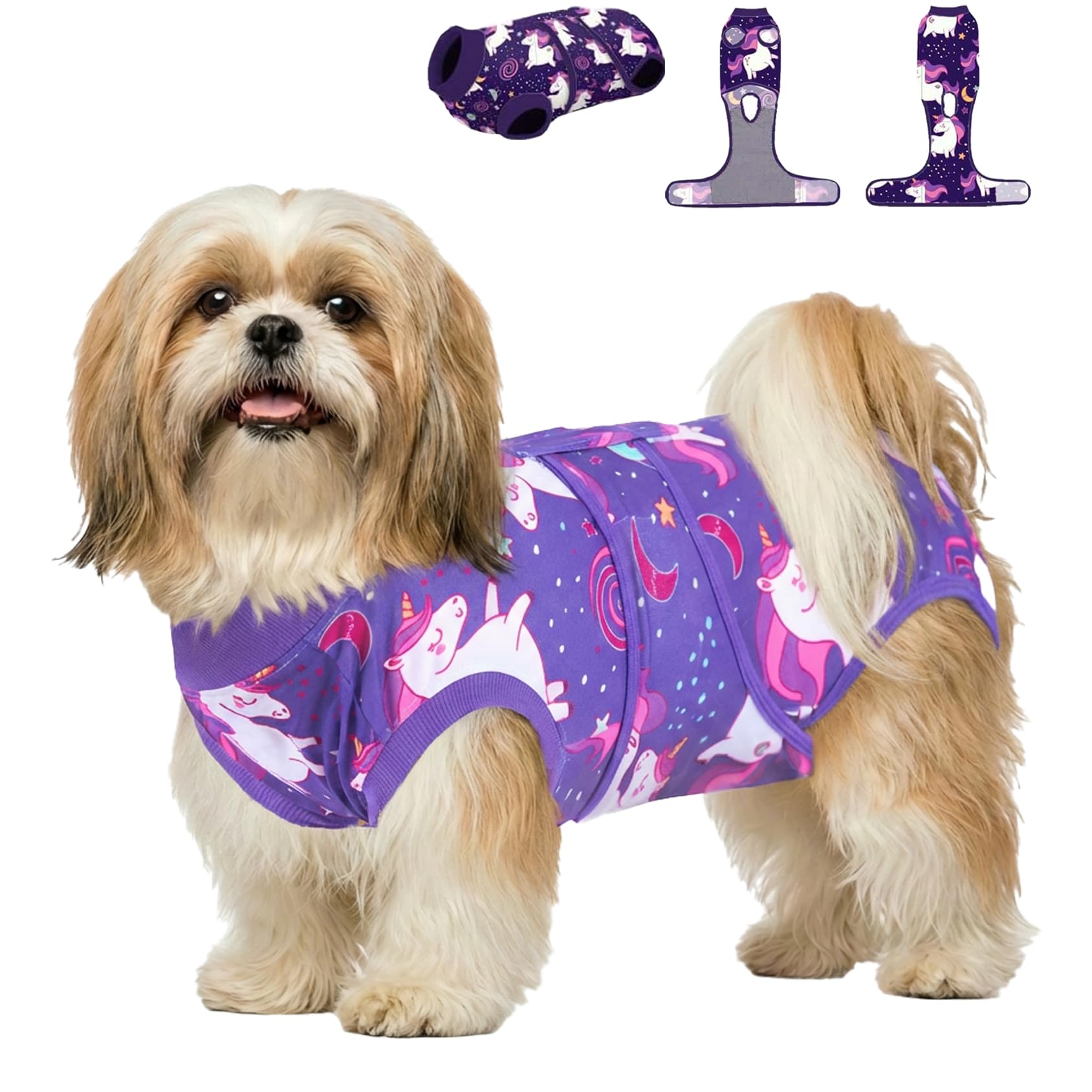 PetWarm Surgical Suit for Dogs Female After Spay and Neuter, Dog Surgical Recovery Suit, Prevents Licking After Surgery Onesie, Pet Recovery Shirt for Dogs, Unicorn Pattern, Purple, XS