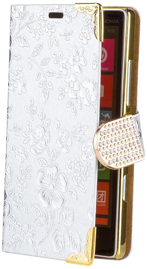 iCues Nokia Lumia 930 | Chrom Blumen Tasche Silber | [Display Schutzfolie Inklusive] Strass Glitzer Glitter Chrome Book Klapp
