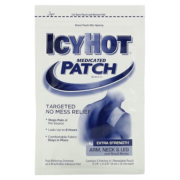 ICY HOT ORIGINAL PAIN RELIEF PATCH, MEDIUM SIZE FABRIC PATCHES FOR ARM, NECK AND LEG WITH MENTHOL 5%, ICE AND HEAT CONTRAST THERAPY FOR BACKACHES, JOINTS, MUSCLE STRAINS AND ARTHRITIS, 5 CT.