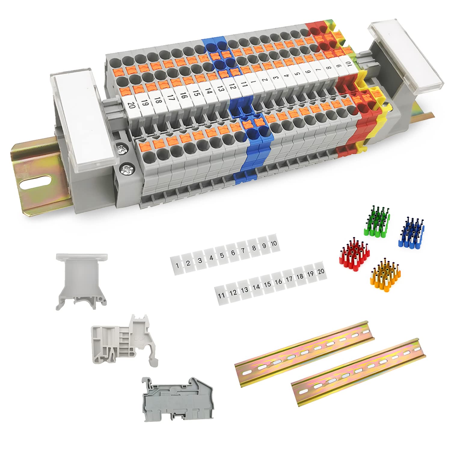 JINXIAN DIN Rail Connectors Block Terminal Kit PT2.5-TWIN Rail Terminals Through Terminal Terminal Block Kit Electric with Rail Clamp Marking Strips