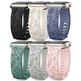 6 Pack Floral Engraved Bands Compatible with Apple Watch Band 40mm 44mm 38mm 41mm 45mm 49mm 42mm Women, Soft Silicone Cute Flower Sport Strap for iWatch Bands Series 9 8 7 6 5 4 3 2 1 SE Ultra Ultra 2