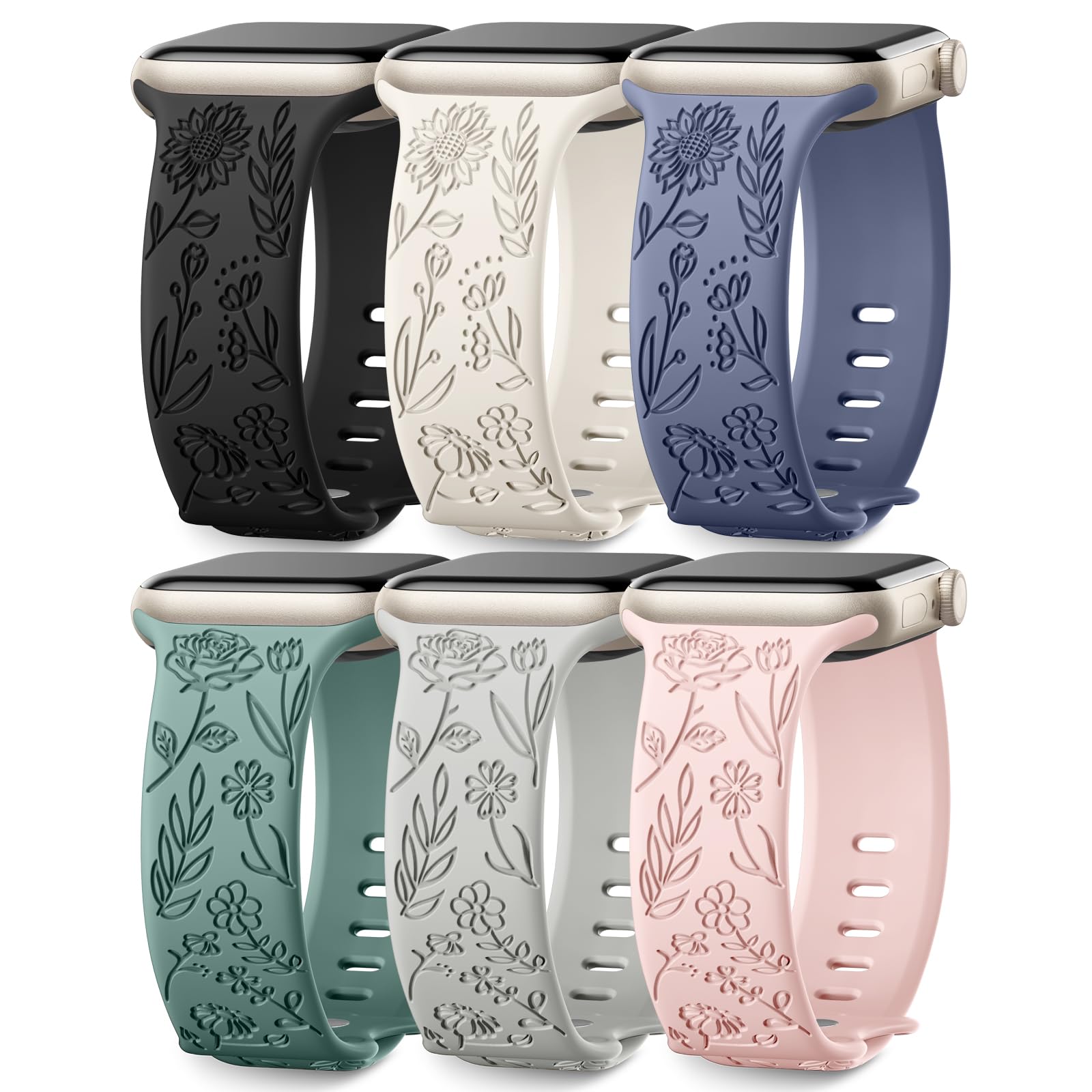 Photo 1 of 6 Pack Floral Engraved Bands Compatible with Apple Watch Band 40mm 44mm 38mm 41mm 45mm 49mm 42mm Women, Soft Silicone Cute Flower Sport Strap for iWatch Bands Series 9 8 7 6 5 4 3 2 1 SE Ultra Ultra 2