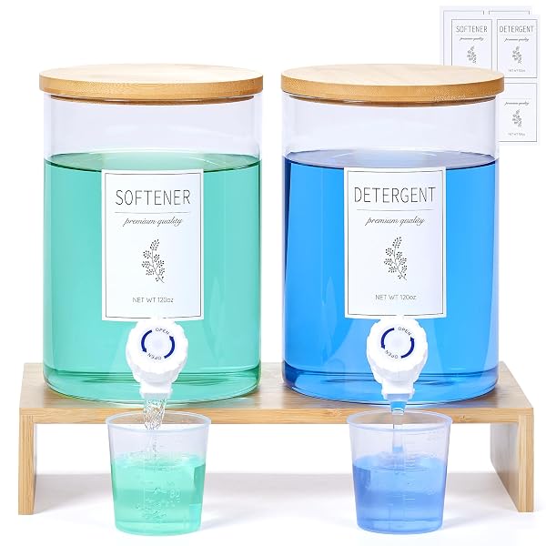 GLASS LAUNDRY DETERGENT DISPENSER WITH SHELF & BAMBOO...