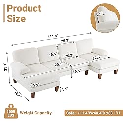 VINGLI 110' U Shaped Comfy Sectional Couch, Double