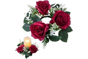 KUYYFDS Candle Rings 9 inch Artificial Rose Candle Rings Wreaths with Green Eucalyptus Leaves Small Candle Rings for Pillar Wedding Centerpiece Christmas Candle Rings Red