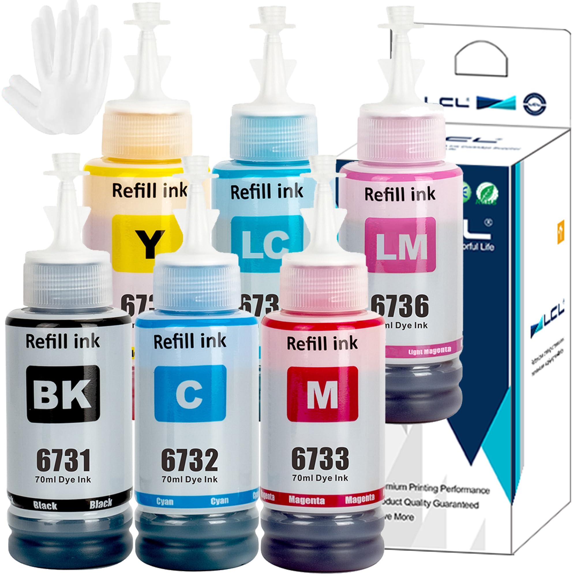 LCL Compatible Ink Bottle (6PK KCMY LC LM) Replacement for Epson C13T67314A T6732 T6731 T6733 T6734 T6735 T6736 EcoTank L800 L805 L810 L850 L1800